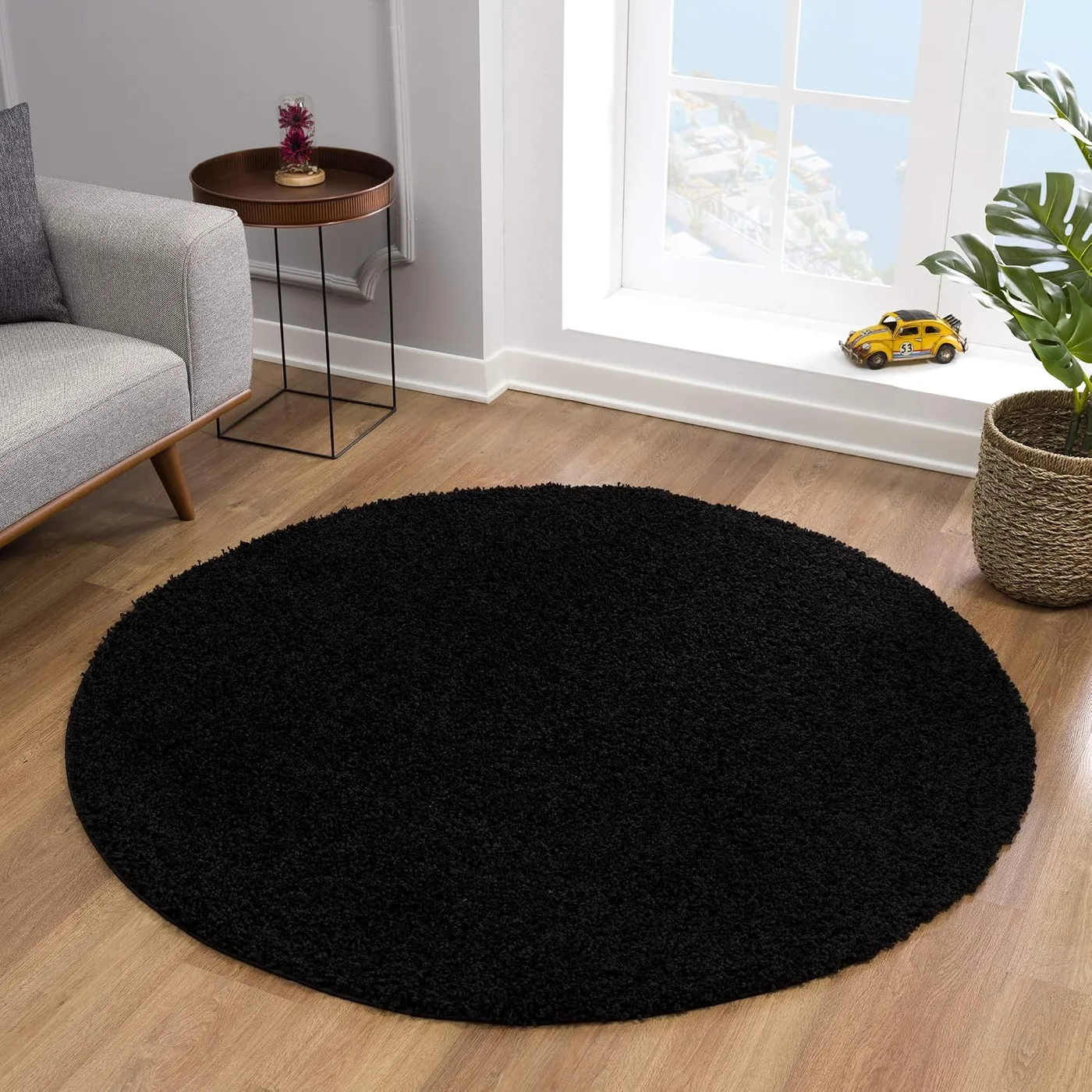 Runder Shaggy-Teppich Schwarz